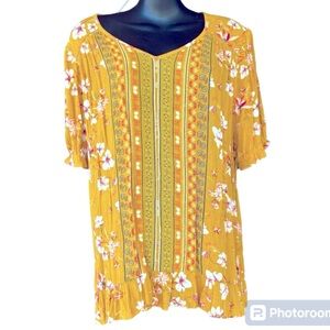 Sonoma Mustard Yellow Stripe Floral Tunic Ruffle Bottom Top Size Large